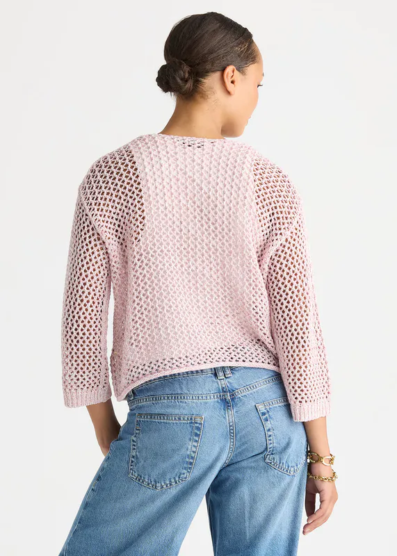 Model wearing Rose Colour Mix Cardi By LD + CO Available at Beetees Nelson