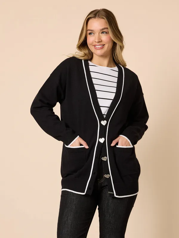 Model wearing Black Slalom Heart Cardi By Threadz Available at Beetees Nelson