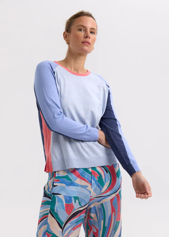 Model wearing Powder Baseball Jumper By Zaket & Plover Available at Beetees Nelson
