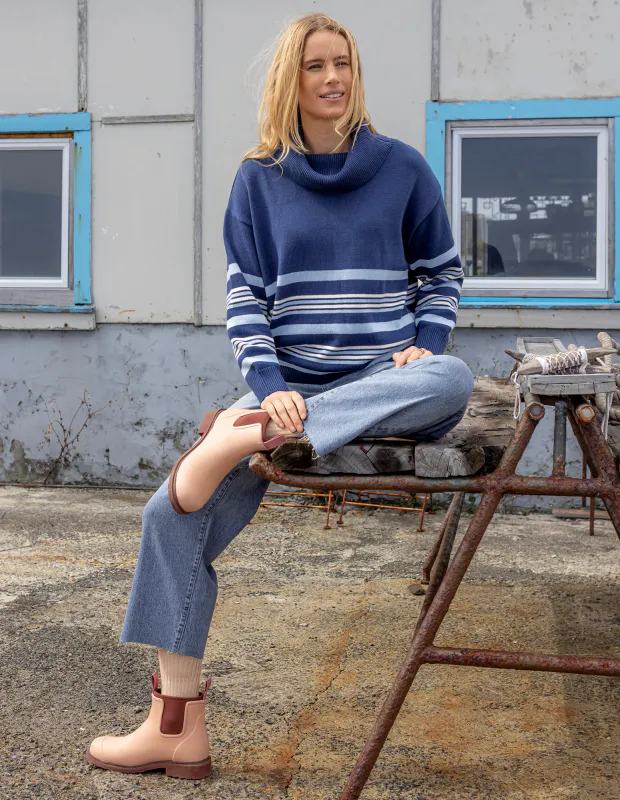 Model wearing Navy Striped Roll Neck Sweater By Elm Available at Beetees Nelson