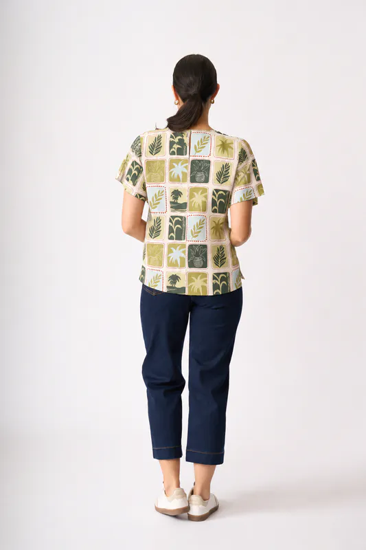 Model wearing Write Home Step Hem Top By Foil Available at Beetees Nelson