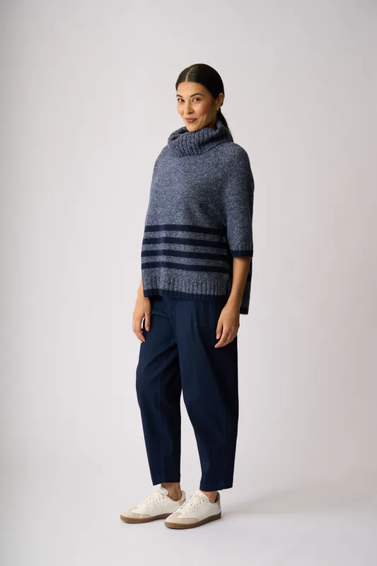 Model wearing Blue ( Midnight Stripe) Relaxed, Split Back Jumper By Memo Available at Beetees Nelson