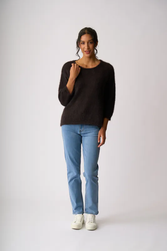 Model wearing Chocolate Boxy High Low Jumper By Foil Available at Beetees Nelson