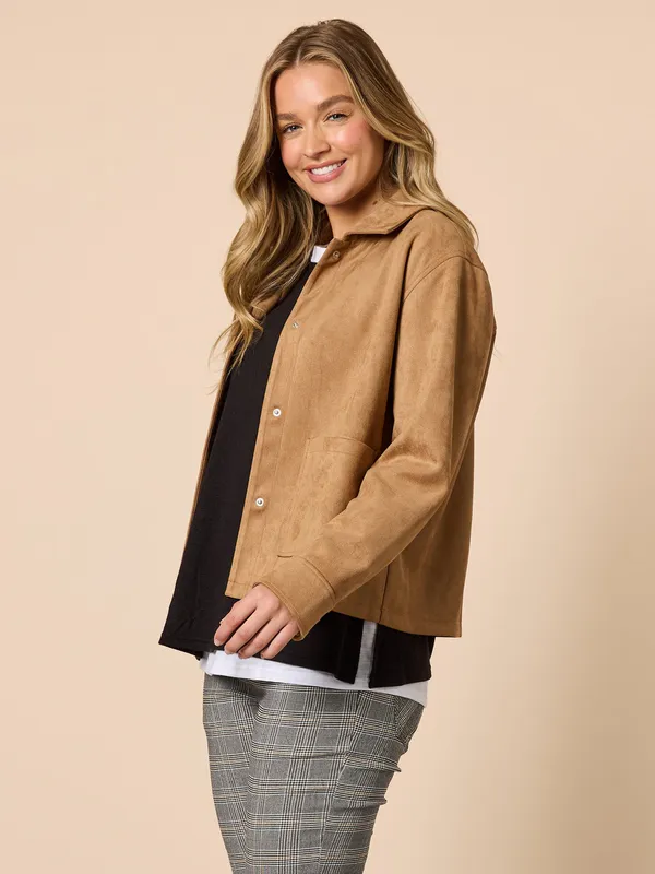 Model wearing Caramel Downtown Suede Jacket By Threadz Available at Beetees Nelson