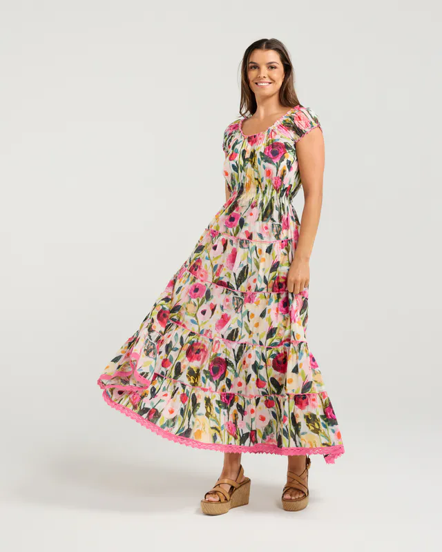 Model wearing Prime Rose Jazz Maxi Dress By NMBR Rose Available at Beetees Nelson