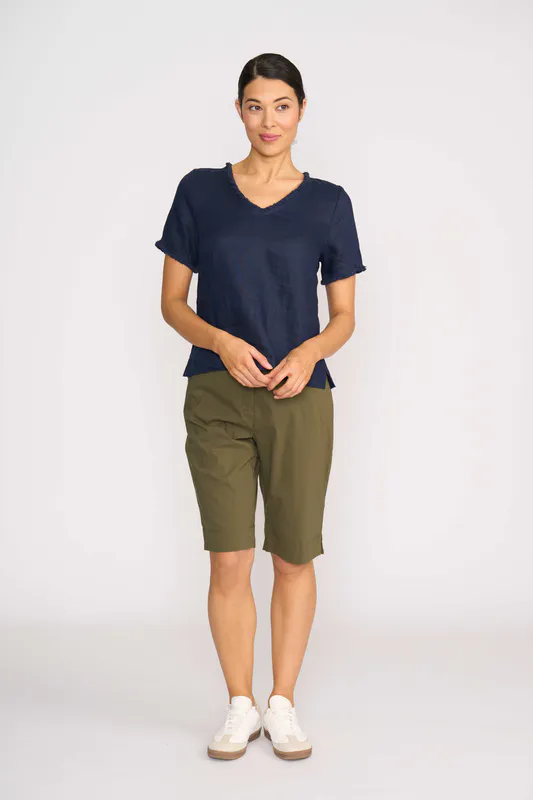 Model wearing Midnight V Benefits Top By Foil Available at Beetees Nelson