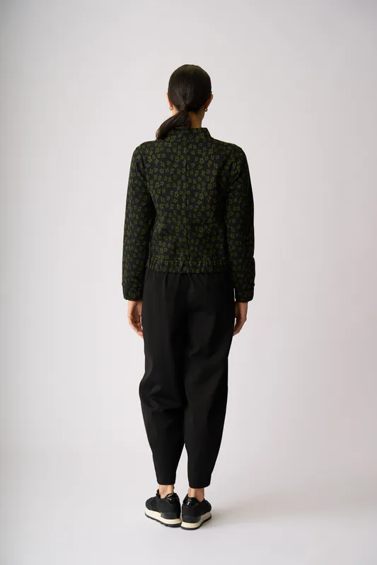 Model wearing Khaki Floral Jacquard Knit Bomber By Esplanade Available at Beetees Nelson