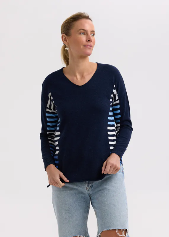 Model wearing Denim Side Stripe Jumper By Zaket & Plover Available at Beetees Nelson