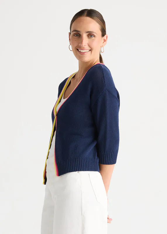 Model wearing Navy Crochet Trim Cardi By Zaket & Plover Available at Beetees Nelson