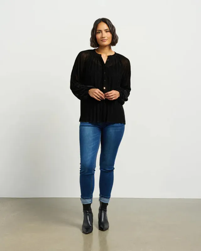 Model wearing Black Amelia Blouse By Et Alia Available at Beetees Nelson