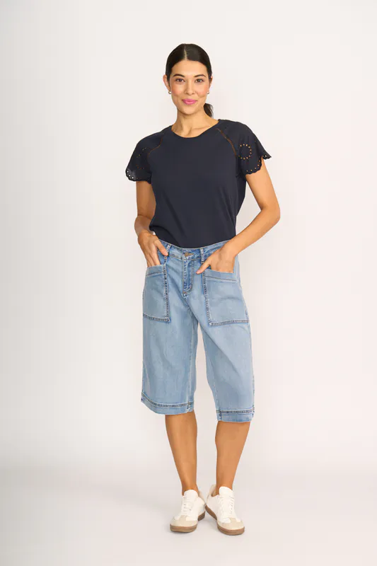 Model wearing Navy T-Shirt - Broderie Sleeve By Memo Available at Beetees Nelson