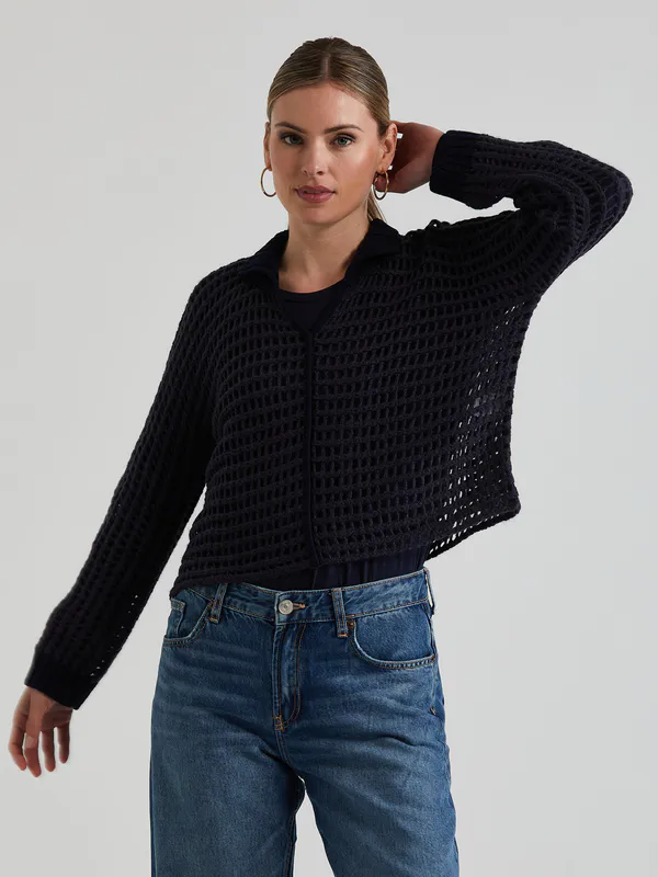 Model wearing Navy Lofty Lace Jumper By LD + CO Available at Beetees Nelson