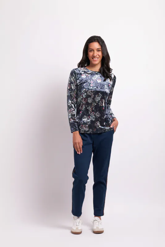 Model wearing Steel Floral Velveteen Top By Memo Available at Beetees Nelson