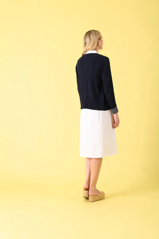 Model wearing Navy Hagley Cardigan By Charlie Jane Available at Beetees Nelson