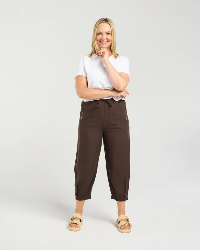 Model wearing Brown Nova Pant By Seduce Available at Beetees Nelson