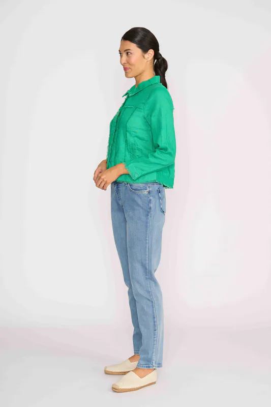 Model wearing Green On The Fringes Jacket By Foil Available at Beetees Nelson