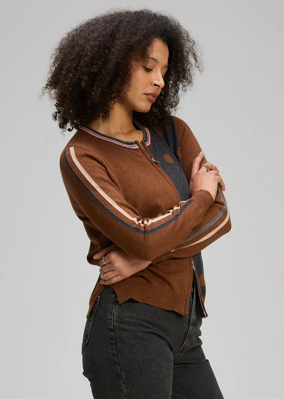 Model wearing Coffee Stripe Spot Zip Up Jumper By Zaket & Plover Available at Beetees Nelson