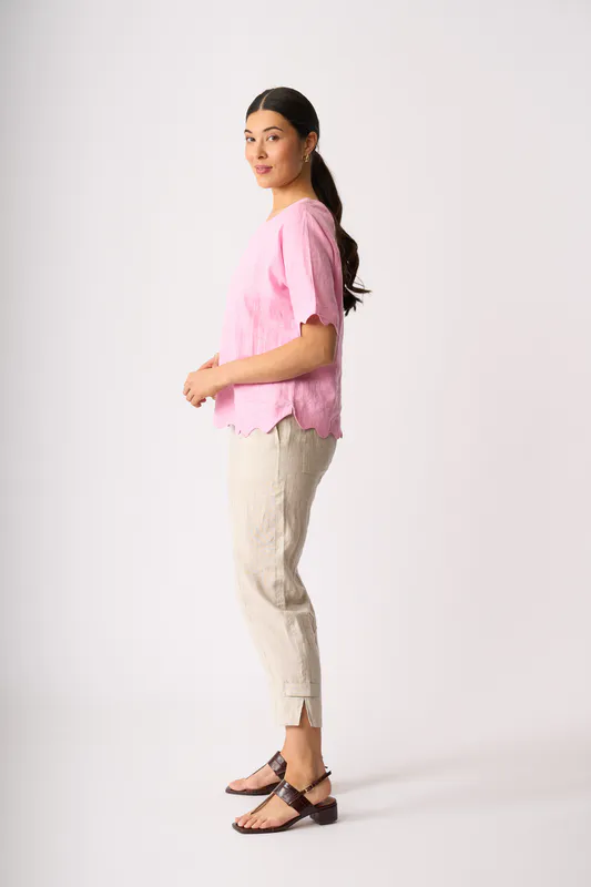 Model wearing Pink Scalloped Top By Foil Available at Beetees Nelson
