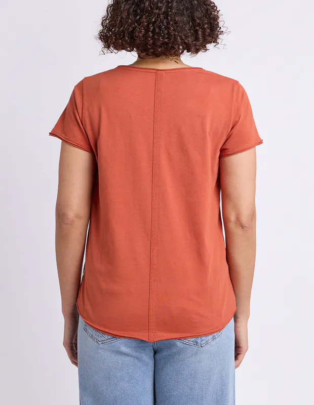 Model wearing Earth Brown Pima Vee Tee By Elm Available at Beetees Nelson