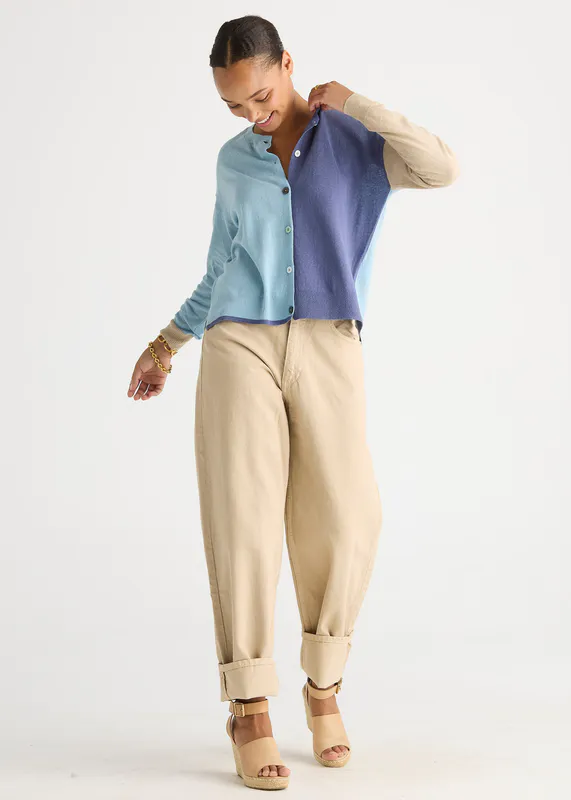 Model wearing Opal Colour Block Cardi By LD + CO Available at Beetees Nelson