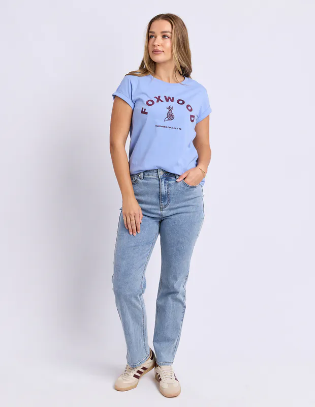 Model wearing Cornflower Blue Effortless Contrast Tee By Foxwood Available at Beetees Nelson