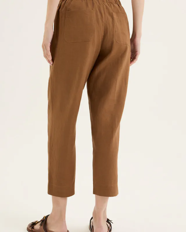 Model wearing Nutmeg Tirari Slim Pant By Yarra Trail Available at Beetees Nelson