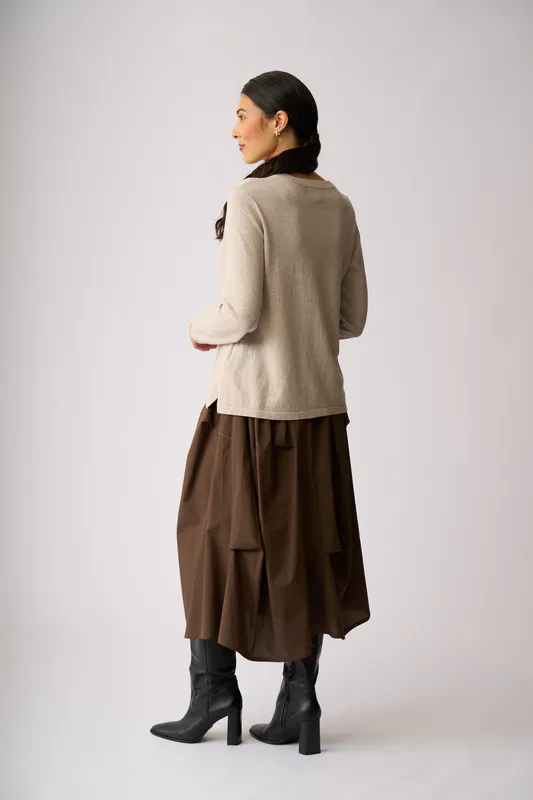 Model wearing Latte Henley Sweater By OH Three Available at Beetees Nelson