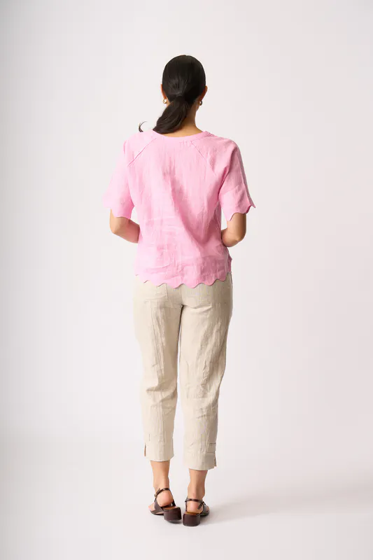 Model wearing Pink Scalloped Top By Foil Available at Beetees Nelson