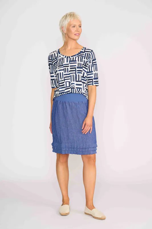 Model wearing Denim Skirt- Pleat Dreams By Foil Available at Beetees Nelson