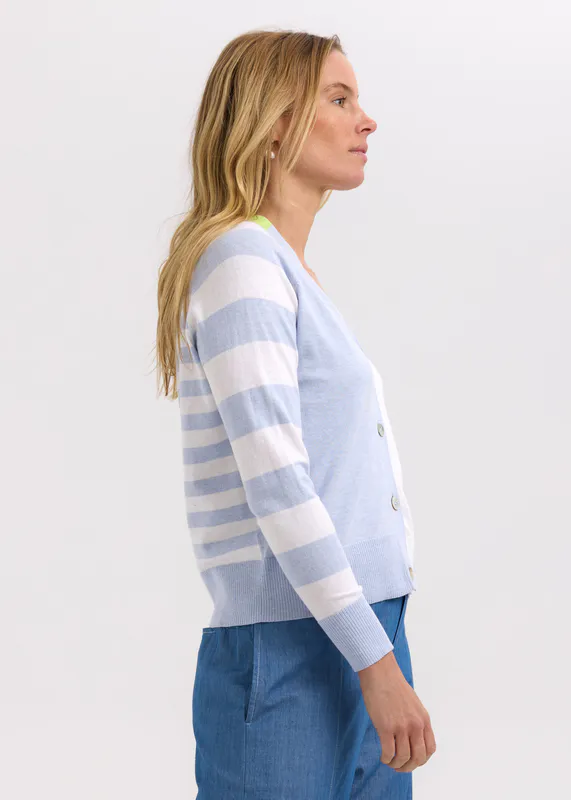 Model wearing Sky Split Cardi By Zaket & Plover Available at Beetees Nelson