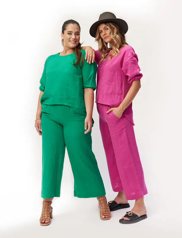 Models wearing Green or Cerise Coloured Jaynie Linen Pant By Lemon Tree Design