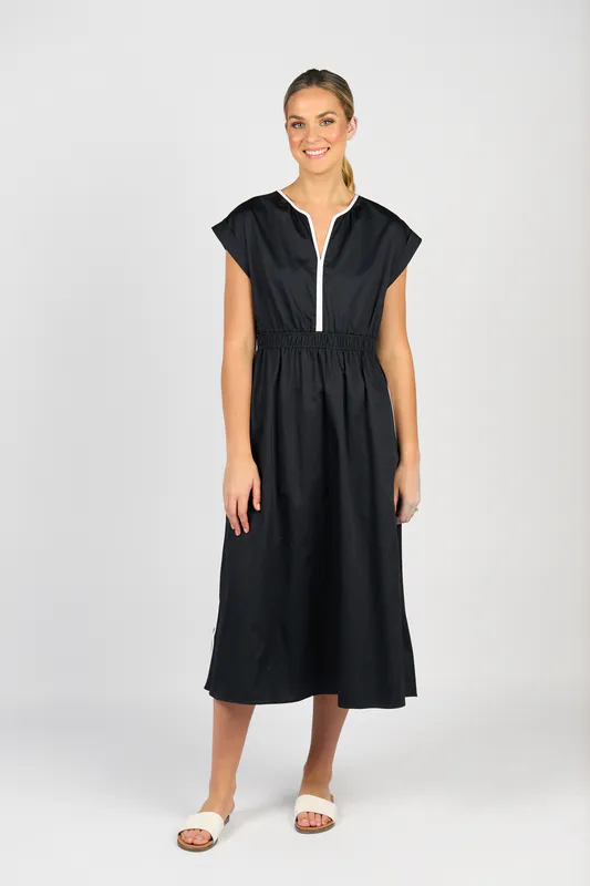 Model wearing Ink/White V-Neck Shirred Waist Dress with Contrast Trim and Pockets By Vassalli Available at Beetees Nelson