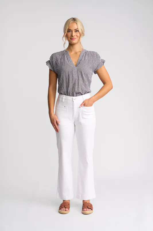 Model wearing White Denim Villa Jean By Vassalli Available at Beetees Nelson