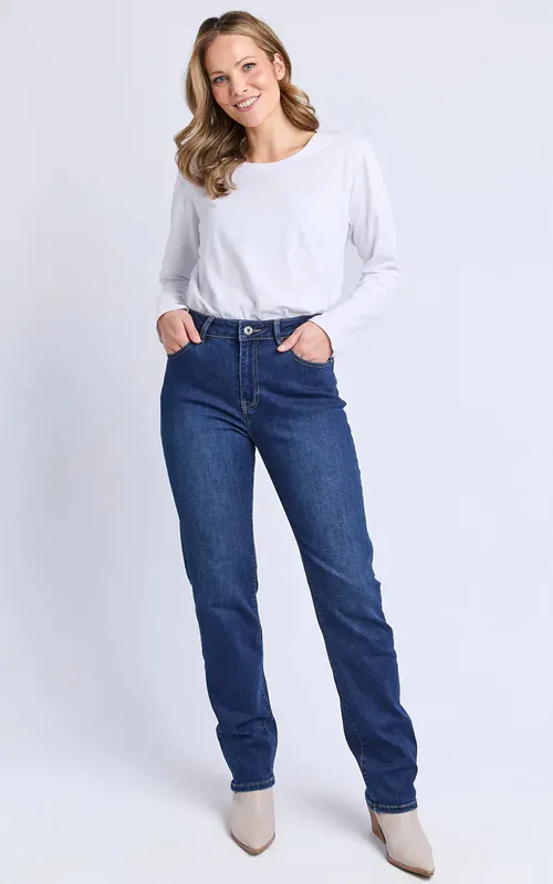 Model wearing Blue Ada Full Length Jean By Elm Available at Beetees Nelson