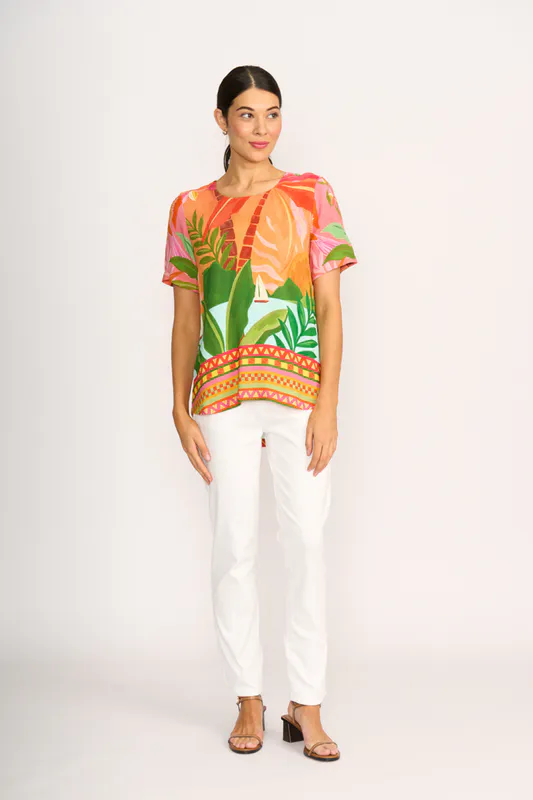 Model wearing Geo Pleat Back & Contrast Top By Foil Available at Beetees Nelson