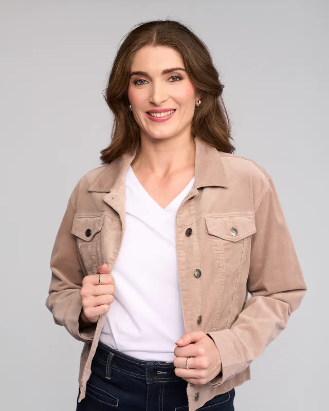 Model wearing Twig Core Cord Jacket By Vassalli Available at Beetees Nelson