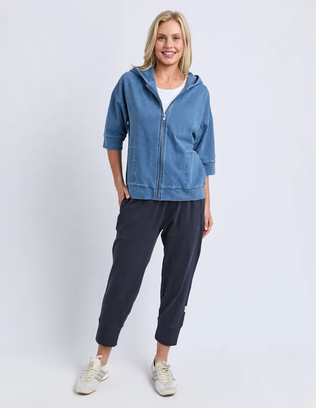 Model wearing Blue Tessa Denim Look Hoodie By Elm Available at Beetees Nelson