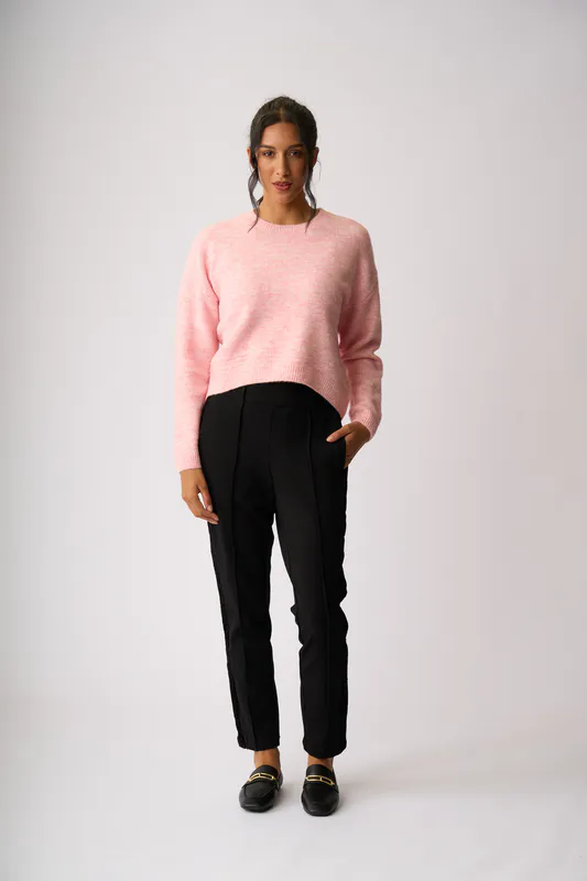 Model wearing Pink Cropped Drop Hem Jumper By Memo Available at Beetees Nelson