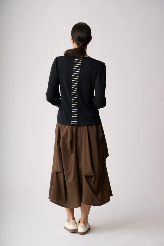 Model wearing Trupe Navy Stripe Contrast Trim Jumper By Foil Available at Beetees Nelson