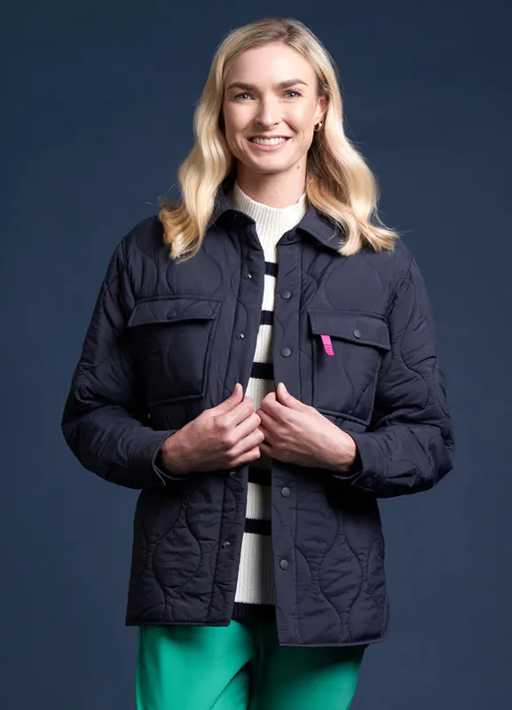 Model wearing Midnight Renwick Jacket By Charlie Jane Available at Beetees Nelson