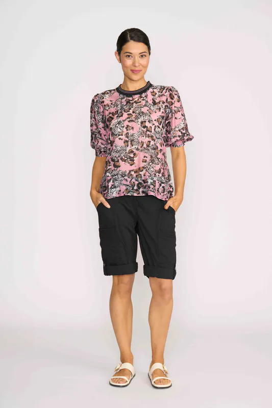 Model wearing Floral Leopard Rib Trim Blouse By Memo Available at Beetees Nelson
