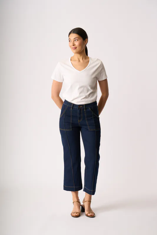 Model wearing Indigo Stitch Detail Jean By Memo Available at Beetees Nelson