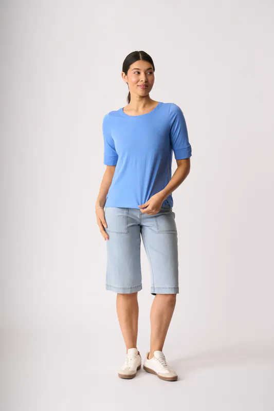 Model wearing Bluebird Tee - Wide Neck, Elbow Sleeve By Esplanade Available at Beetees Nelson