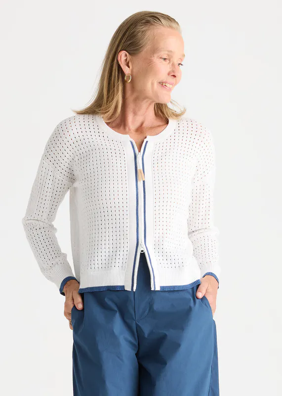 Model wearing White Pointelle Zip Cardi By Zaket & Plover Available at Beetees Nelson
