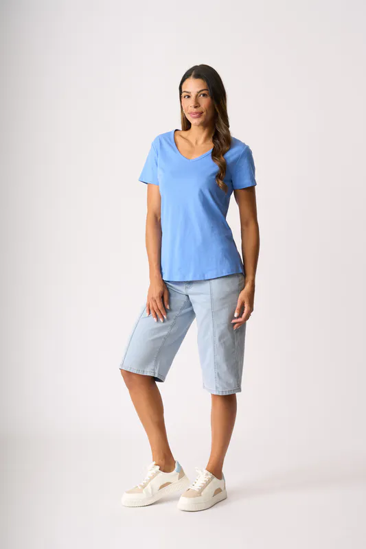 Model wearing Light Denim Denim Panel Shorts By Memo Available at Beetees Nelson