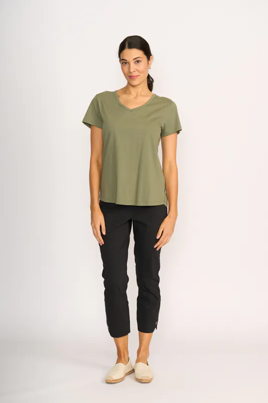 Model wearing Sage Tee - Everyday V Neck By Esplanade Available at Beetees Nelson