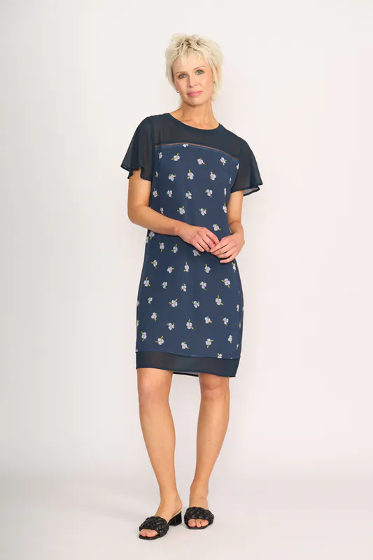 Model wearing Navy Floral Mix It Up Dress By Memo Available at Beetees Nelson