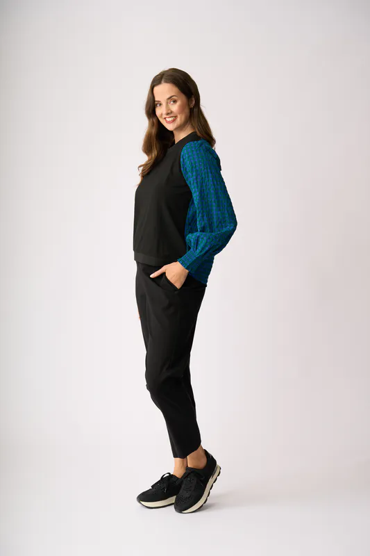 Model wearing Blue Spot Contrast Woven Top By Memo Available at Beetees Nelson