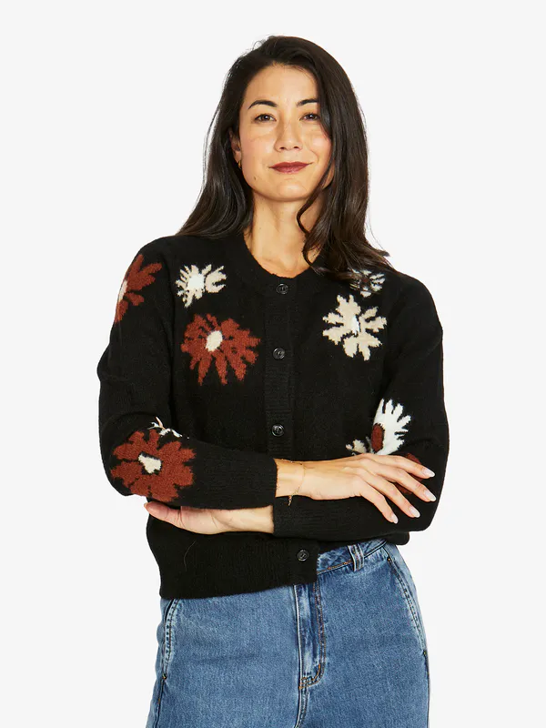 Model wearing Black Combo Daisy Cardigan By Jump Available at Beetees Nelson