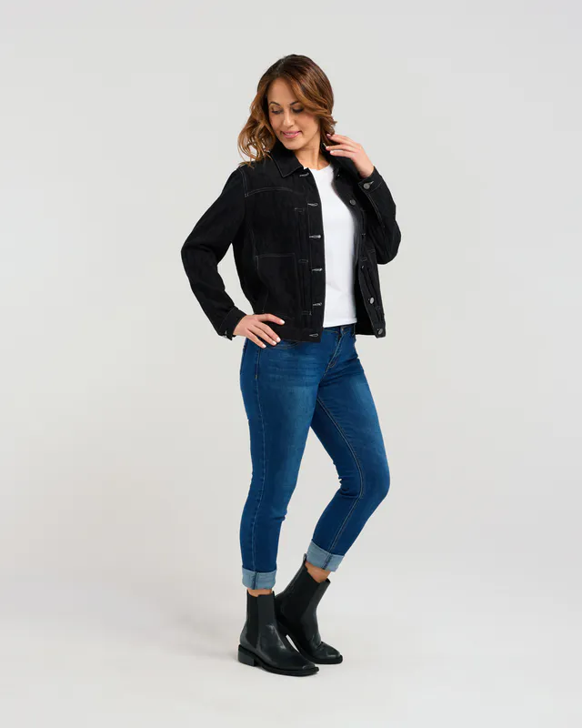 Model wearing Black Trish Jacket By Seduce Available at Beetees Nelson